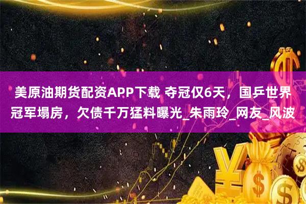 美原油期货配资APP下载 夺冠仅6天，国乒世界冠军塌房，欠债千万猛料曝光_朱雨玲_网友_风波